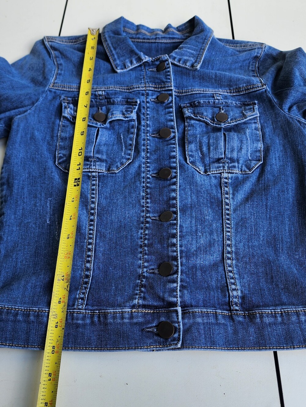 Kut From The Kloth Blue Stretch Fitted Crop Denim Jacket Faithfully Sz M - Picture 14 of 15